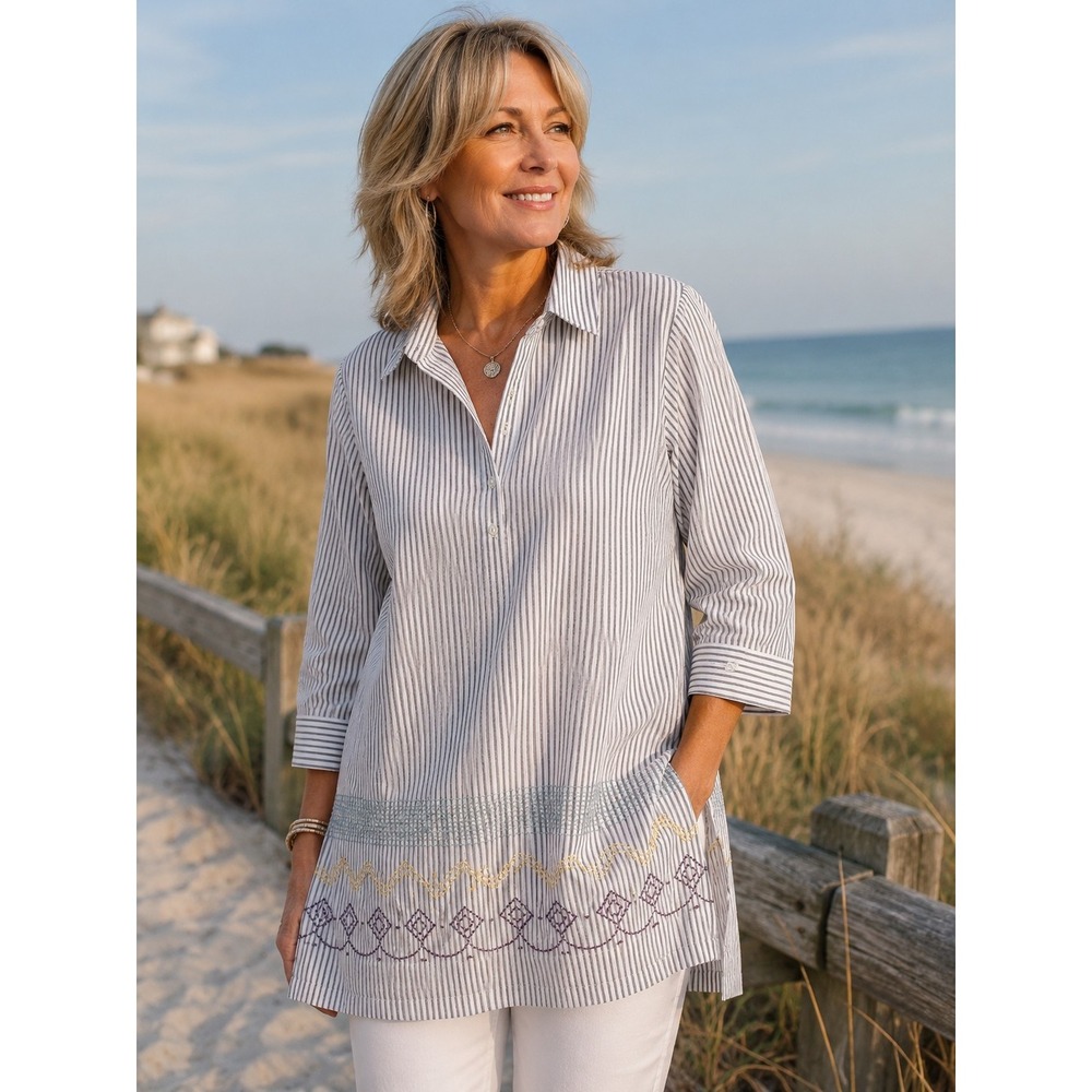 Coldwater Creek XL 100% Cotton Embroidered Striped Tunic Shirt Blue White Boho